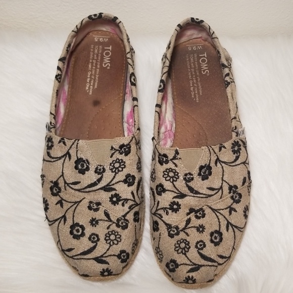Toms Shoes - Toms Burlap Slip Ons with Black Embroidery